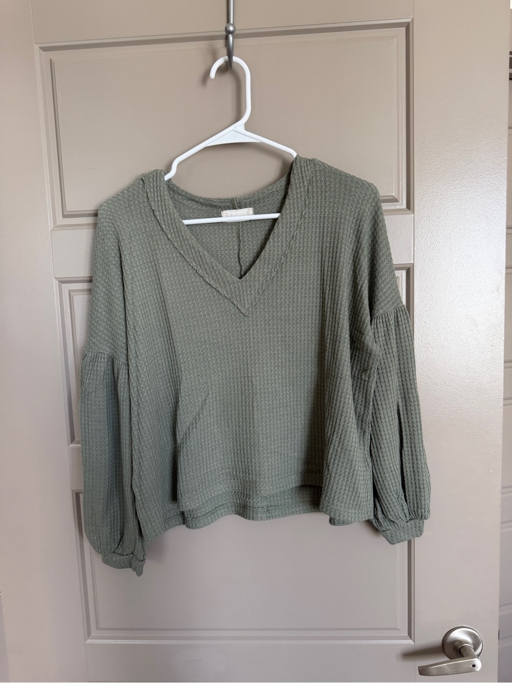 Altar'd State Olive Green Waffle V-Neck Balloon Sleeve Top